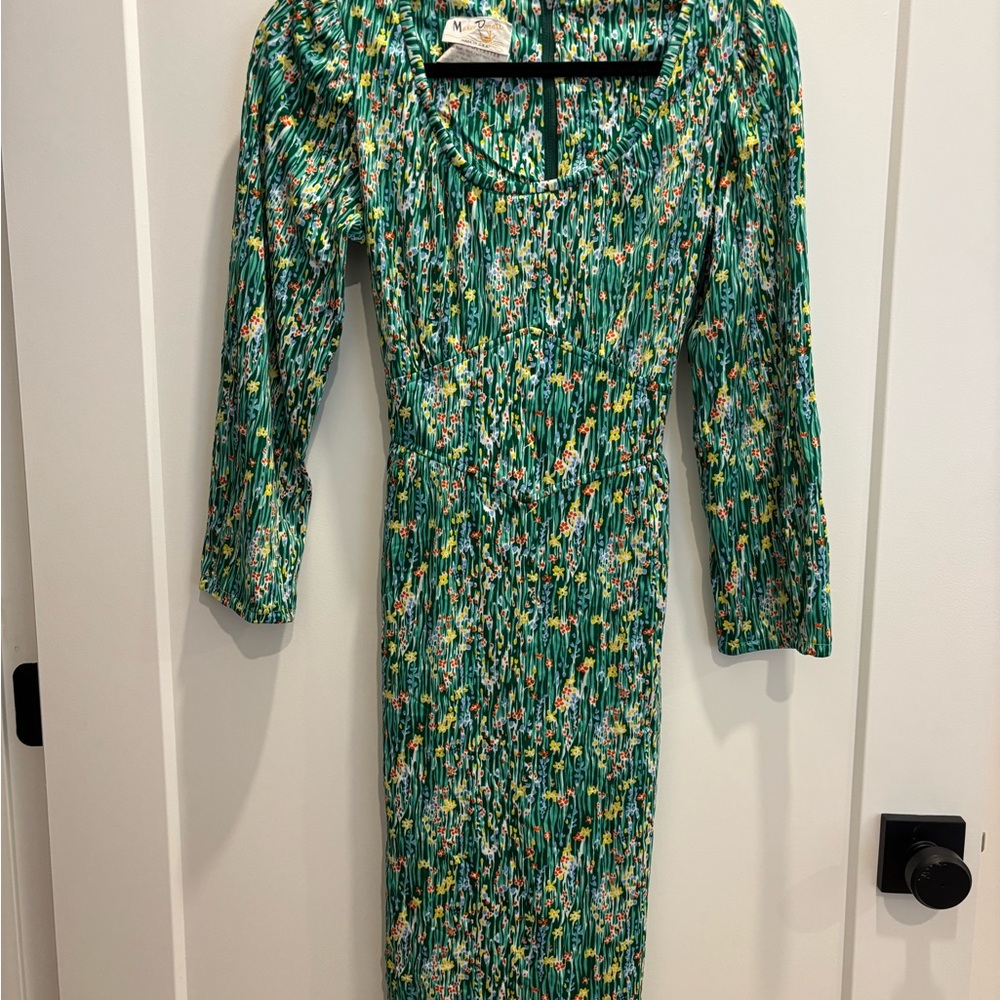 Green Floral Long-Sleeve Midi Dress